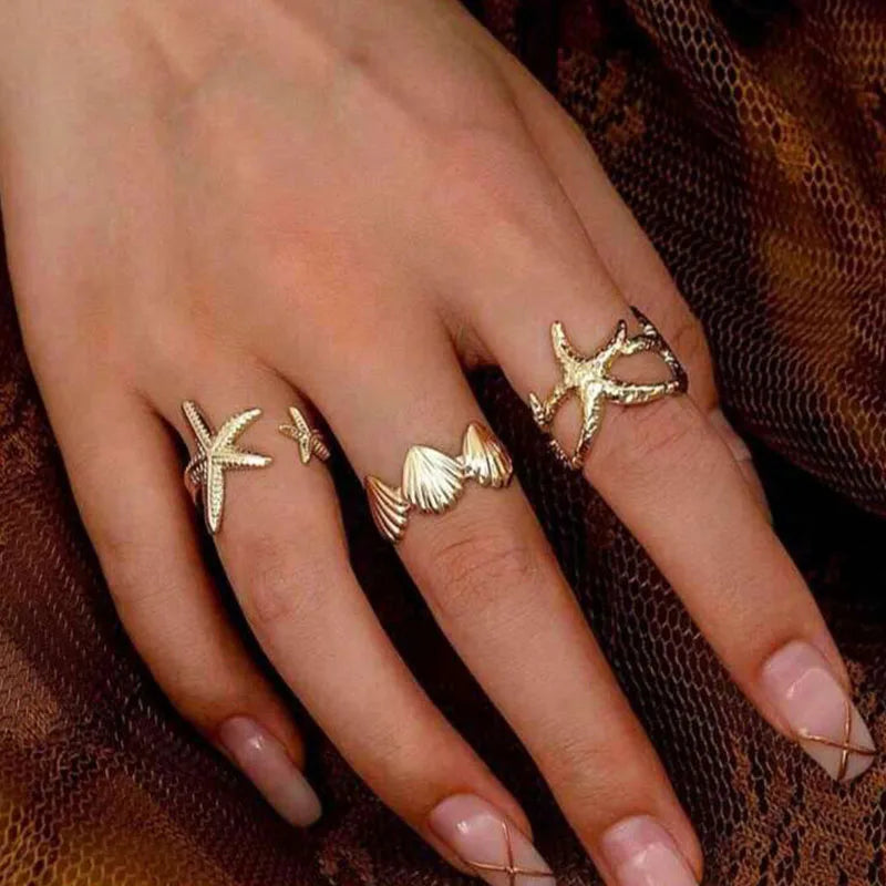 Vintage Metal Ocean Shell Starfish Open Mouth Rings Set for Women & Girls - Summer Party Jewelry
