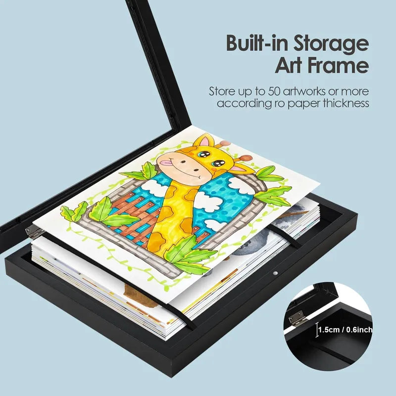 Wood Flap Art Frame A4 Photo Display with Storage Kids Artwork Organizer