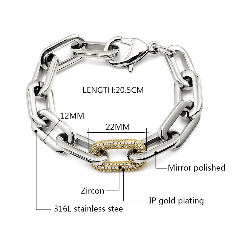 Fashion Women Chunky Chain Bracelets with Rhinestones - Stainless Steel Link Jewelry