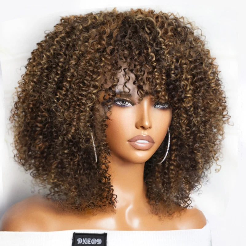 Kinky Curly Wig with Bangs - Full Machine Human Hair, Highlight Colors