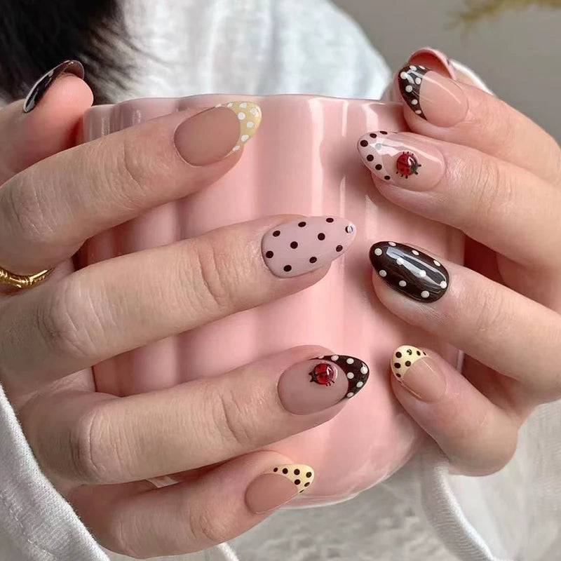 24Pcs Short Oval 3D Gel Flower Ladybug French Tip Press-on Nails Set