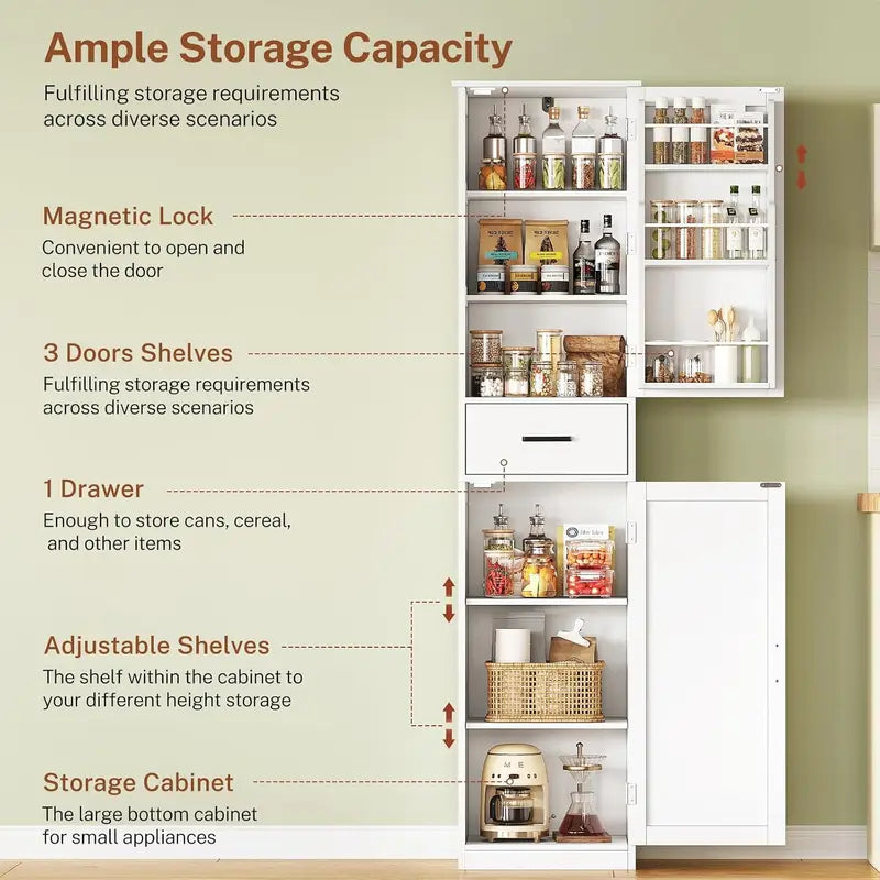 Tall Kitchen Pantry Cabinet with Door Shelves & Drawers - Multi-Color Options