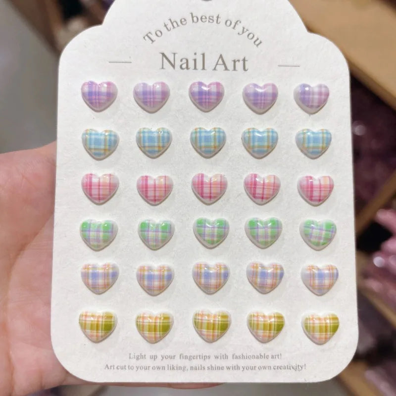Heart Plaid Nail Charms 3D Sweet Girl Nail Art Decor for DIY Kawaii Manicures