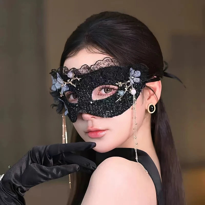 Black Lace Sequin Butterfly Mask with Pearl Tassels - Half-Face Eye Mask for Prom Party Halloween
