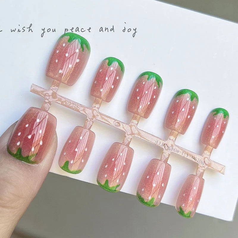 10pcs Short Fake Nails with Strawberry & Cat's Eye Design - Full Cover Press On Nails