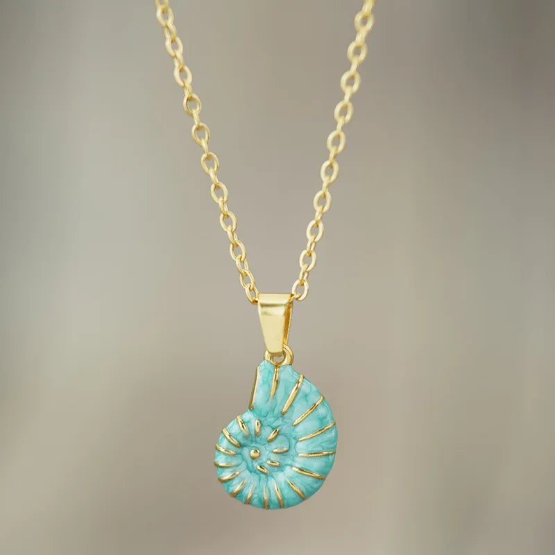 Ocean Conch Shell Pendant Necklace for Women - Stainless Steel Dripping Oil Collar Jewelry, 50cm