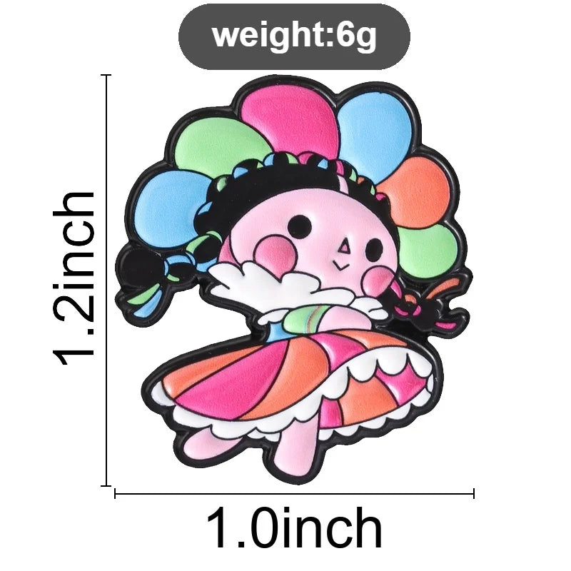 Mexican Lele Doll Brooch Enamel Pin with Floral Crown Rainbow Skirt Cute Jewelry