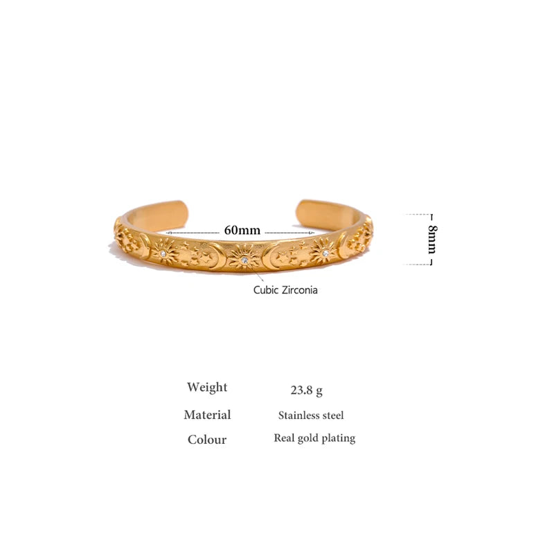 Golden Moon Star Sun Metal Bangle Bracelet for Women - Stylish Open Wrist Accessory