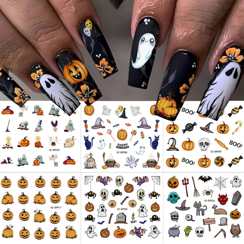 30pcs Halloween Nail Art Stickers Ghost Pumpkin Skull Bat Black Cat Decorations