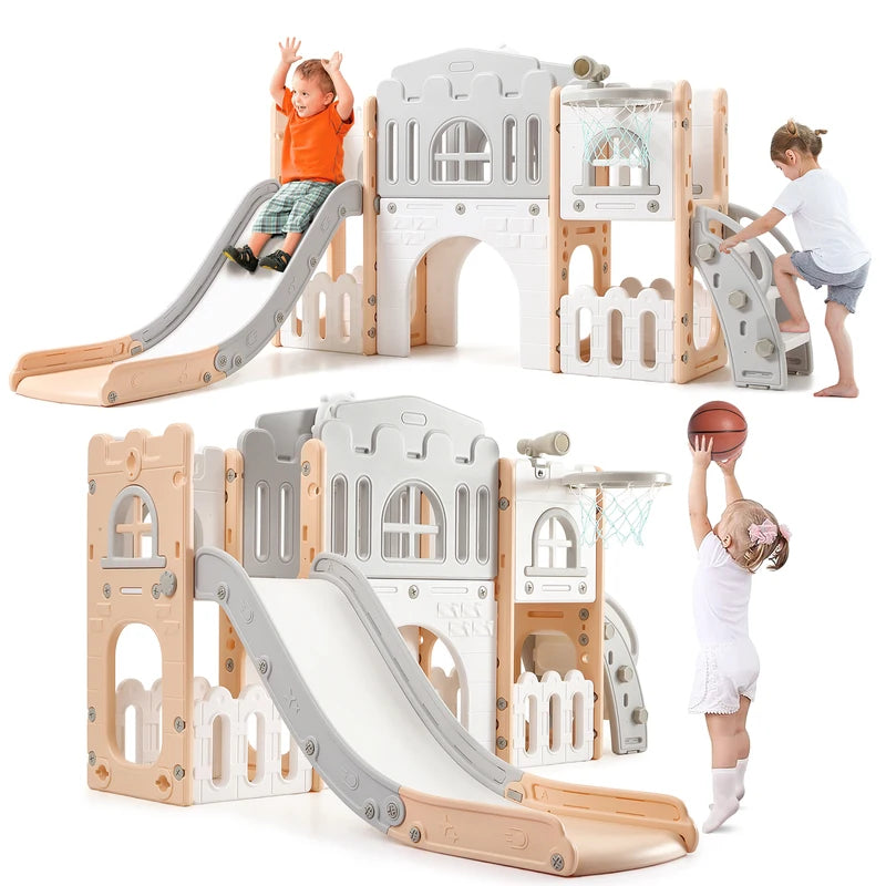 8-in-1 Toddler Indoor Playground with Slide and Basketball Hoop, Kids Outdoor Playset
