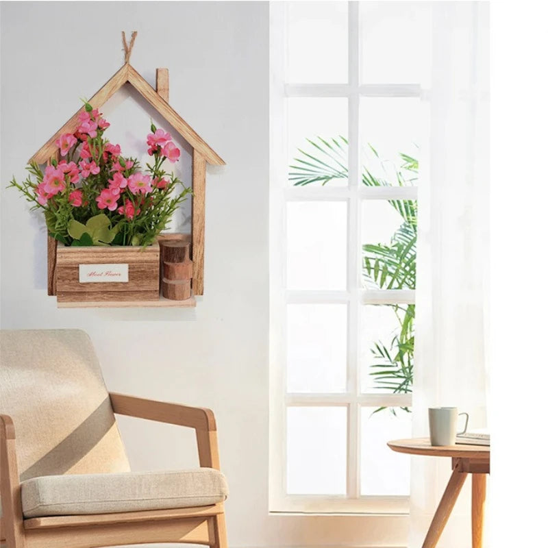 European Wooden Wall Planter with Rustic Hanging Basket for Living Room Decor
