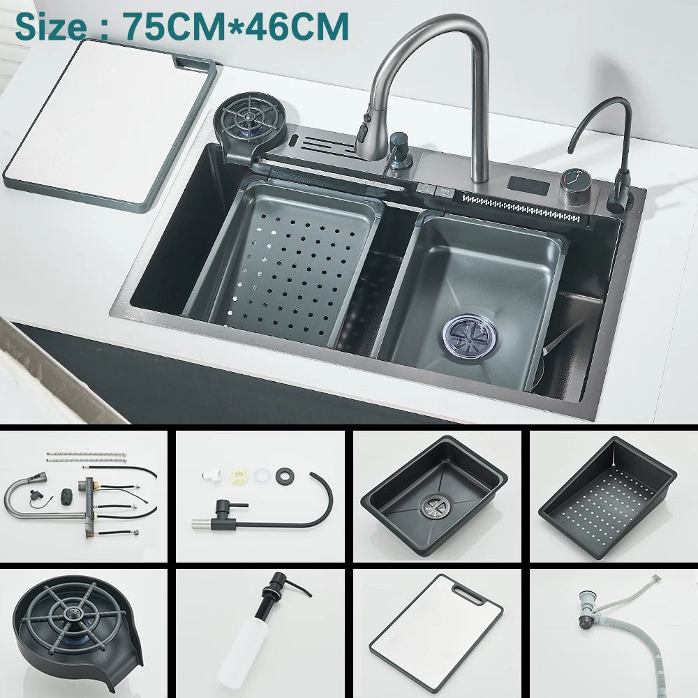 Large Stainless Steel Kitchen Sink with Digital Display and Touch Waterfall Faucet