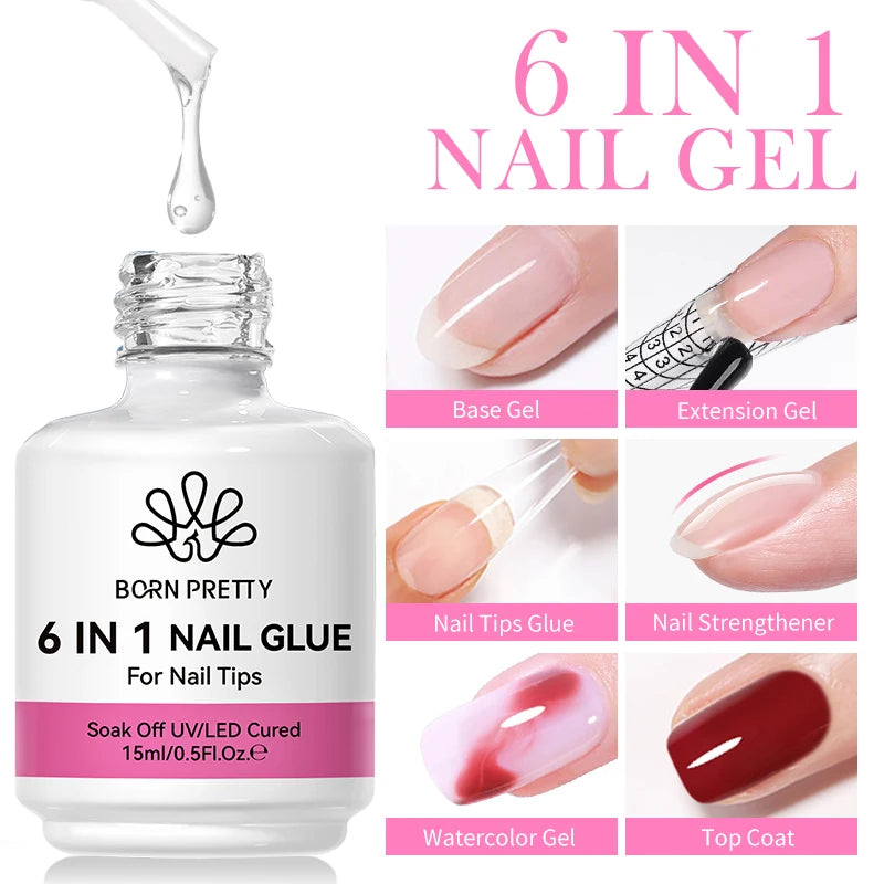 6-in-1 Nail Gel Glue Kit with Base, Top Coat & False Tips - 15ml