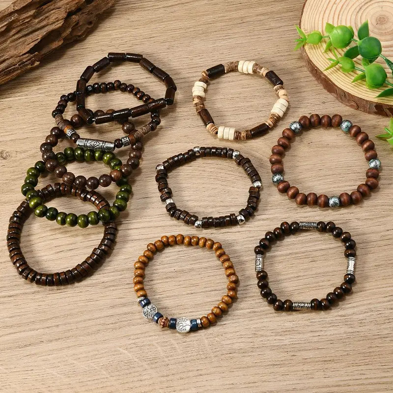 Bohemia Ethnic Beaded Bracelets Set for Men - Multi-Layer Wooden and Life Tree Design