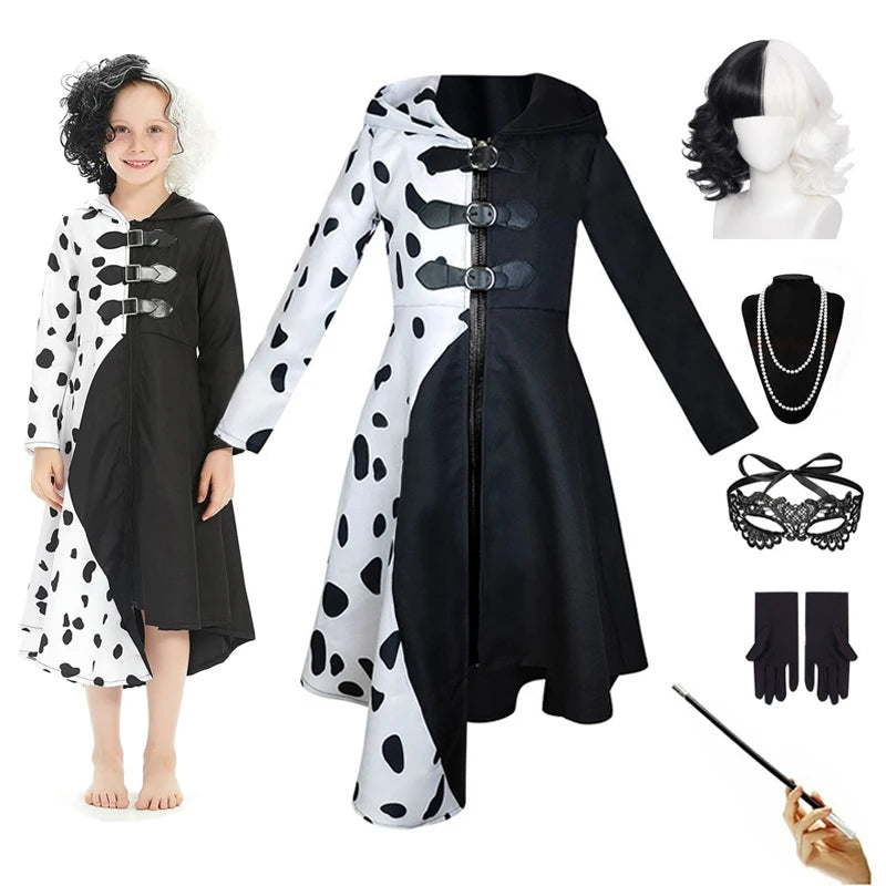 Girls Cruella Deville Costume Jumpsuit Dress Halloween Cosplay Party Outfit