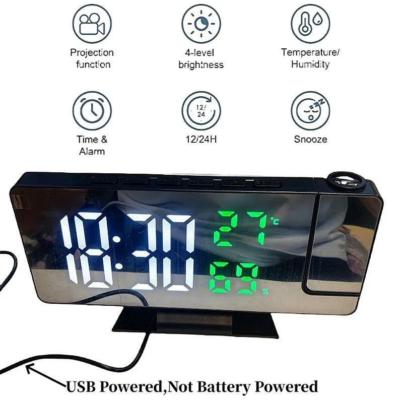 Digital Projection Alarm Clock with Rotation & Night Mode, Temperature & Humidity Display