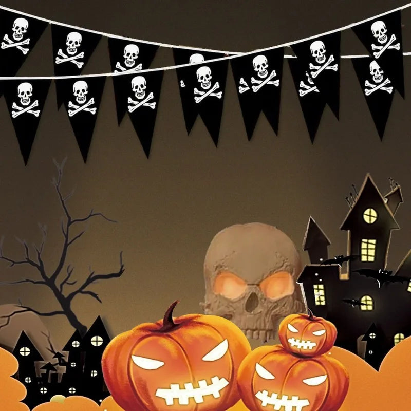 Black Skull Halloween Pennant Banner - Ghost Festival Party Decorations