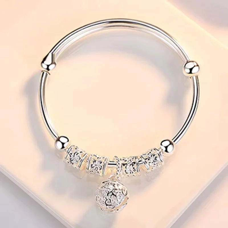 Sterling Silver Hollow Bells Ball Bangles for Women Adjustable Jewelry