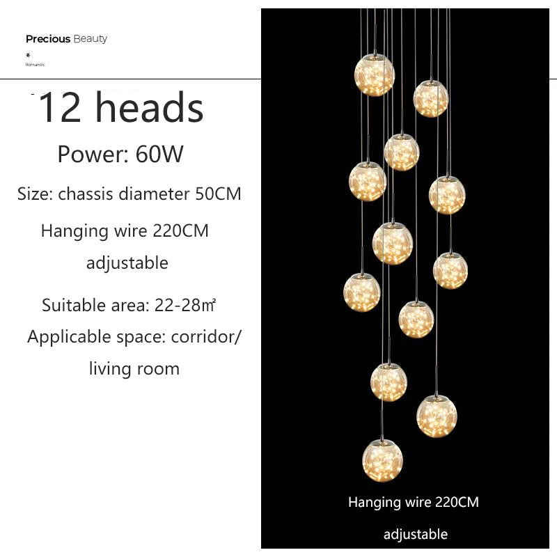 Modern LED Glass Ball Chandelier Dimmable Ceiling Light for Living Room & Staircase
