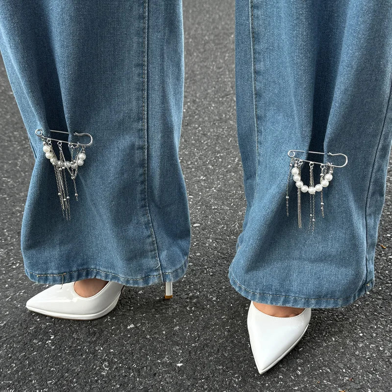 Retro Sweet Imitation Pearl Metal Chain Tassel Pendant Jewelry Pin Foot Chain for Girl Fashion