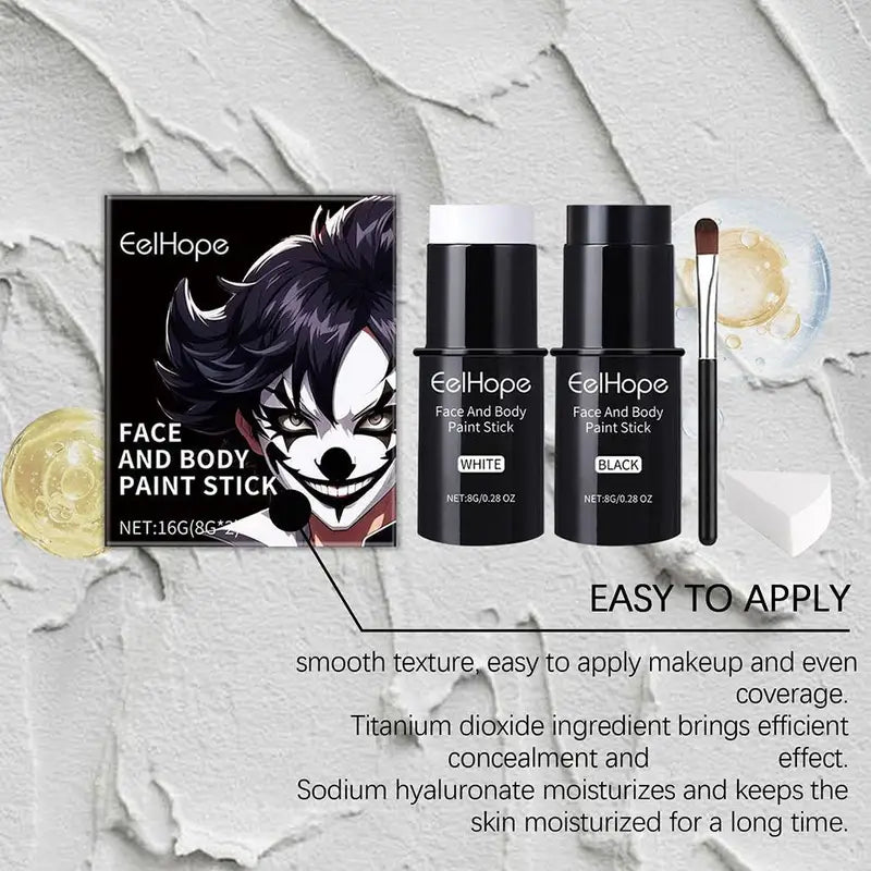 Face Body Paint Kit Black White Waterproof Long Lasting Halloween Makeup Set
