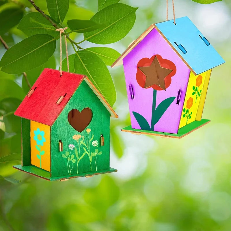 Wooden DIY Bird House Outdoor Hanging Bird Nest Box with Hemp Rope for Painting & Decoration