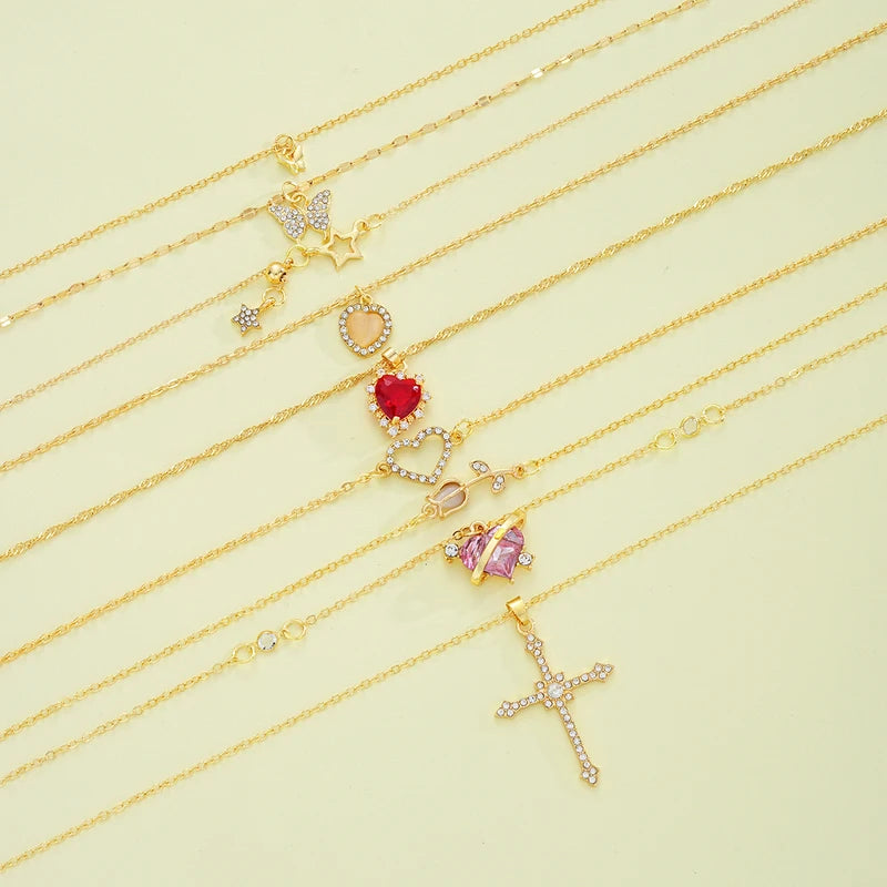 8-Piece Necklace Set for Women - Elegant Gold Tone Pendant Jewelry with Butterfly Heart Rose & Star Charms