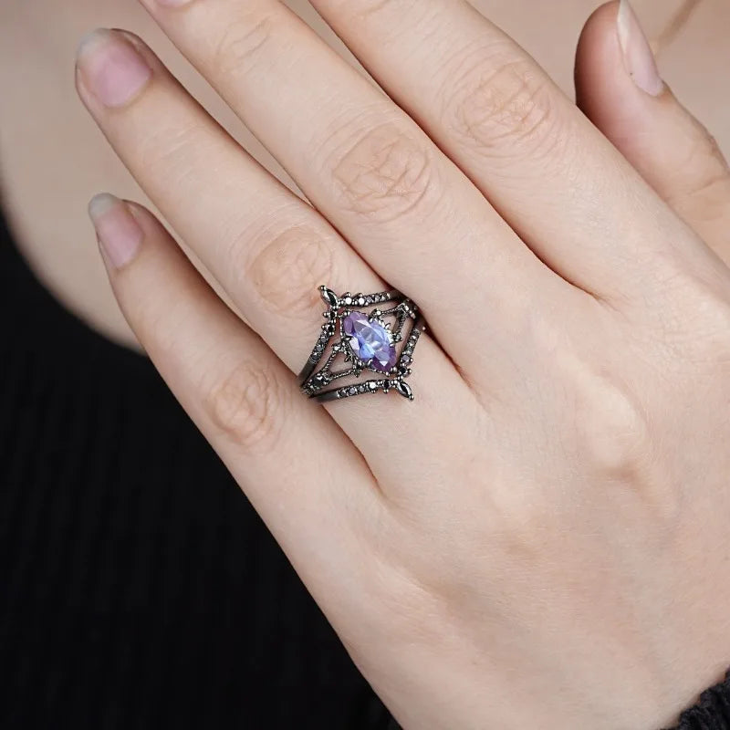 Vintage Black Geometric Zircon Women's Ring Set - Engagement Party Jewelry
