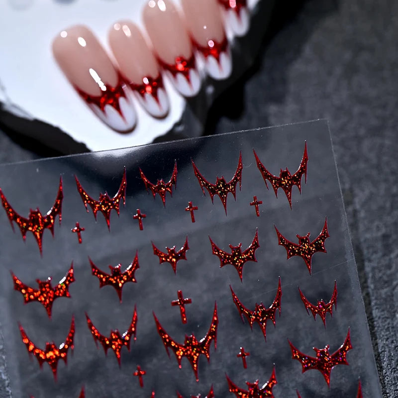 Halloween Red Bat Nail Art Stickers for French Design DIY Embossed Glitter Decals