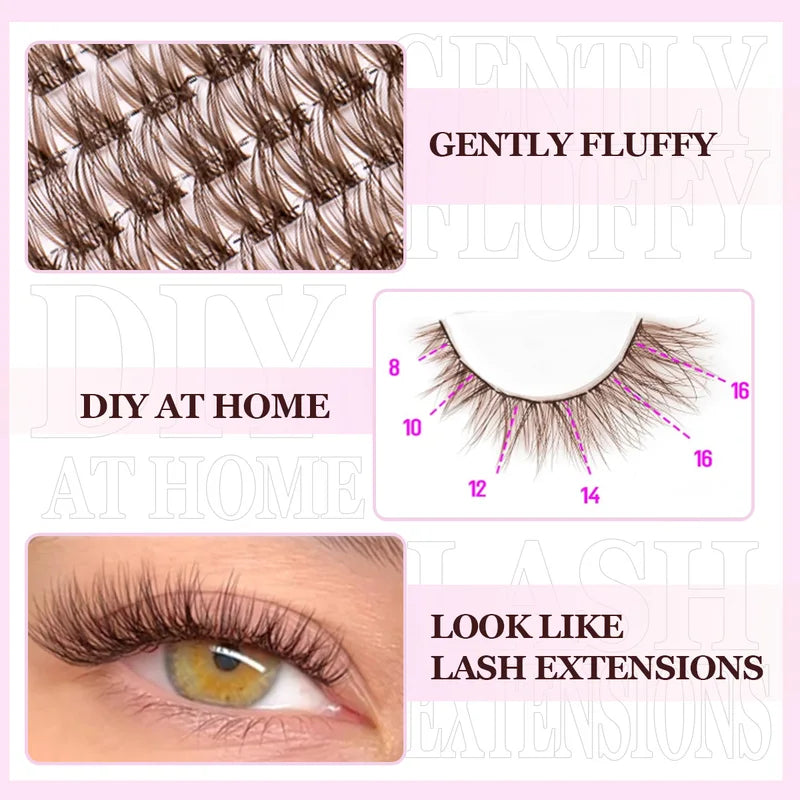 Eyelash Extension Kit DIY Brown Lash Clusters Natural & Strong Hold with Adhesive & Tweezers
