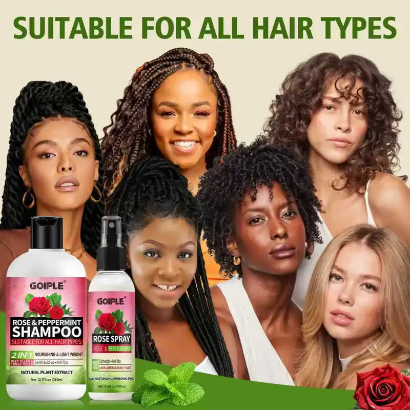 2-in-1 Rose & Peppermint Hair Shampoo and Spray Set for Locs & Twists - Deep Clean, Anti-Frizz, Scalp Relief