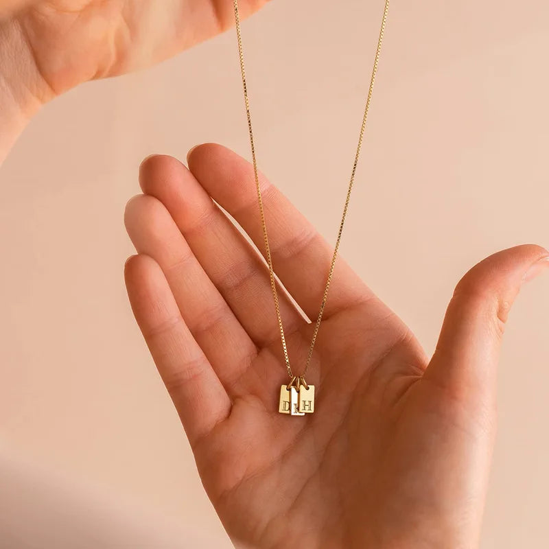 Tiny Square Initial Letter Necklace Gold Plated Stainless Steel Engraved Jewelry