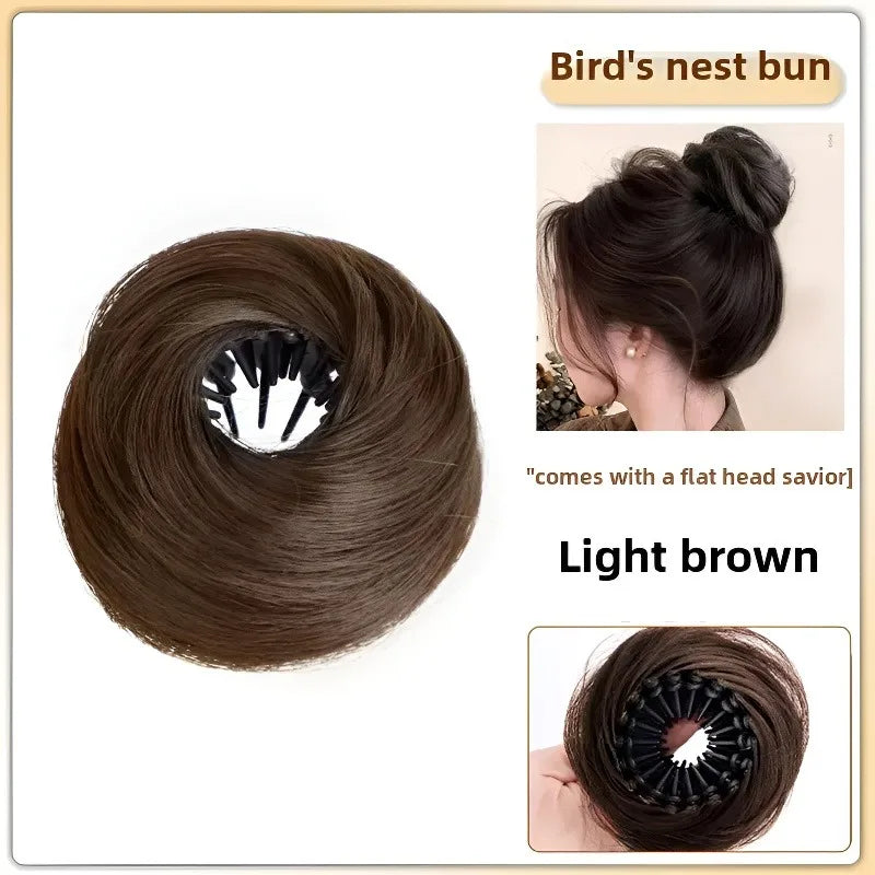 Synthetic Hair Bun with Elastic Clips Bird's Nest Style Hairpiece - Retractable & Fashionable