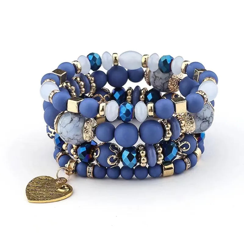 Bohemia Beaded Bracelet Set for Women and Men - Heart Charm Elastic Chain Jewelry
