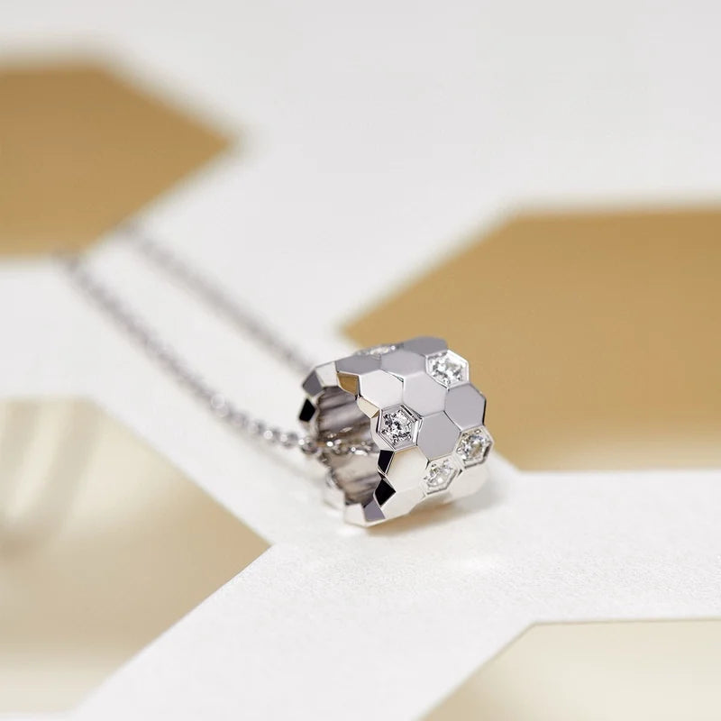 Sterling Silver Diamond-Studded 18K Gold Honeycomb Necklace for Women