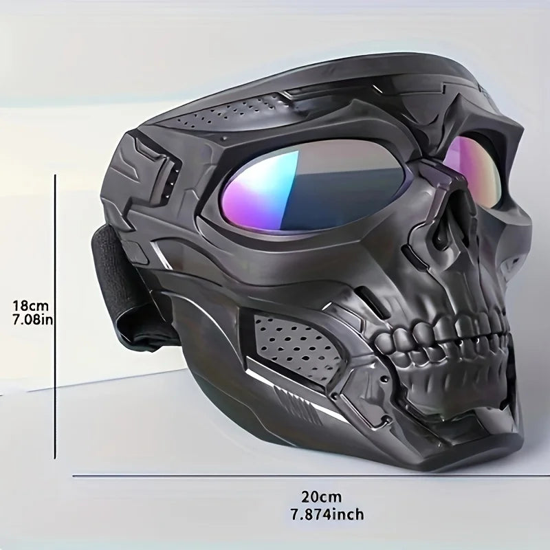 Windproof Full Face Skull Mask with Colored Goggles - Skeleton Cosplay Costume