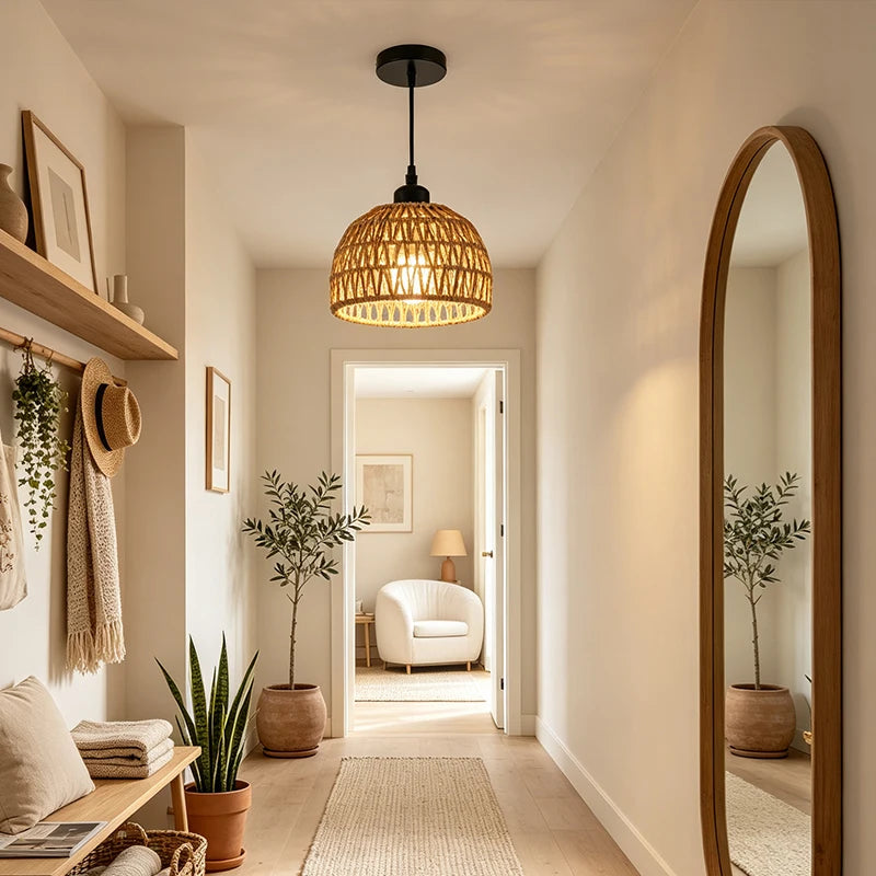 Boho Rattan Pendant Light 20cm Ceiling Lamp for Living Room Kitchen Modern Decor