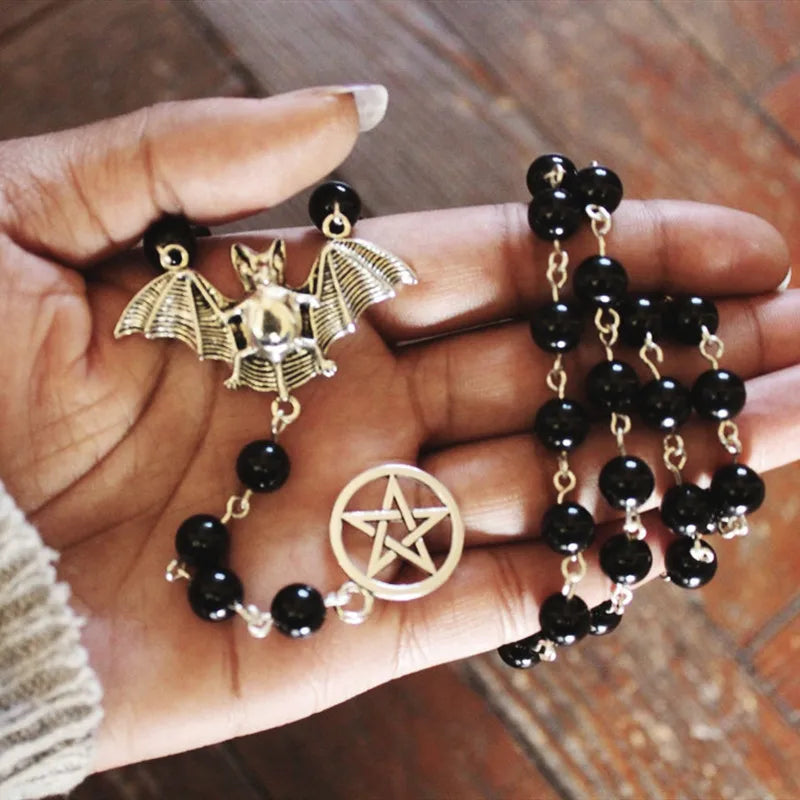 Gothic Bat Pendant Necklace with Star Charm, Halloween Witch Jewelry