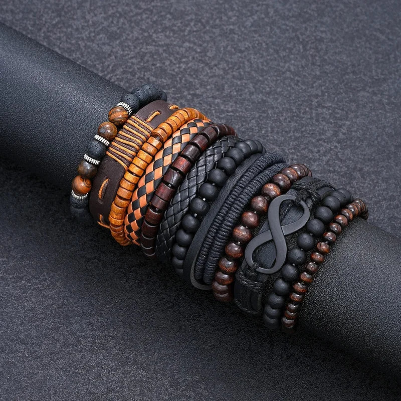 Vintage Woven Leather Bracelet Set for Men and Women - 8 Shape Tiger's Eye Braided Jewelry