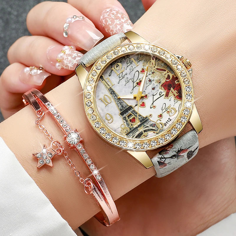 Fashion Women's Quartz Watch Set with Floral Print Leather Band Multiple Colors