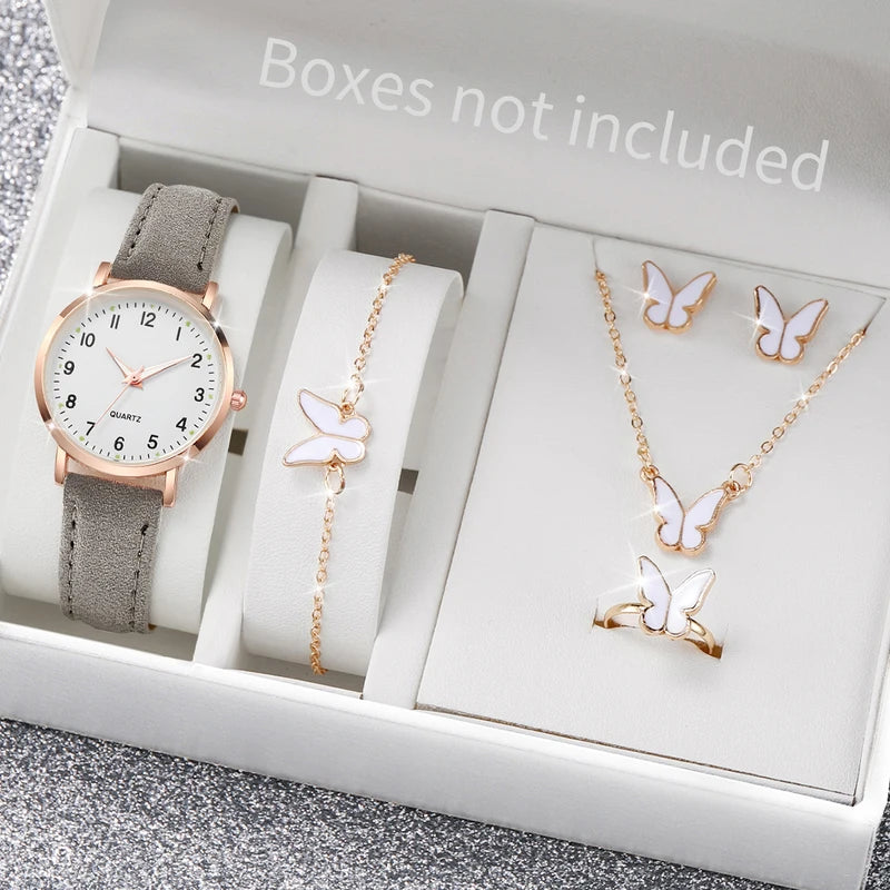 Women's Fashion Arabic Dial Leather Band Quartz Watch Set with Jewelry - Multiple Colors