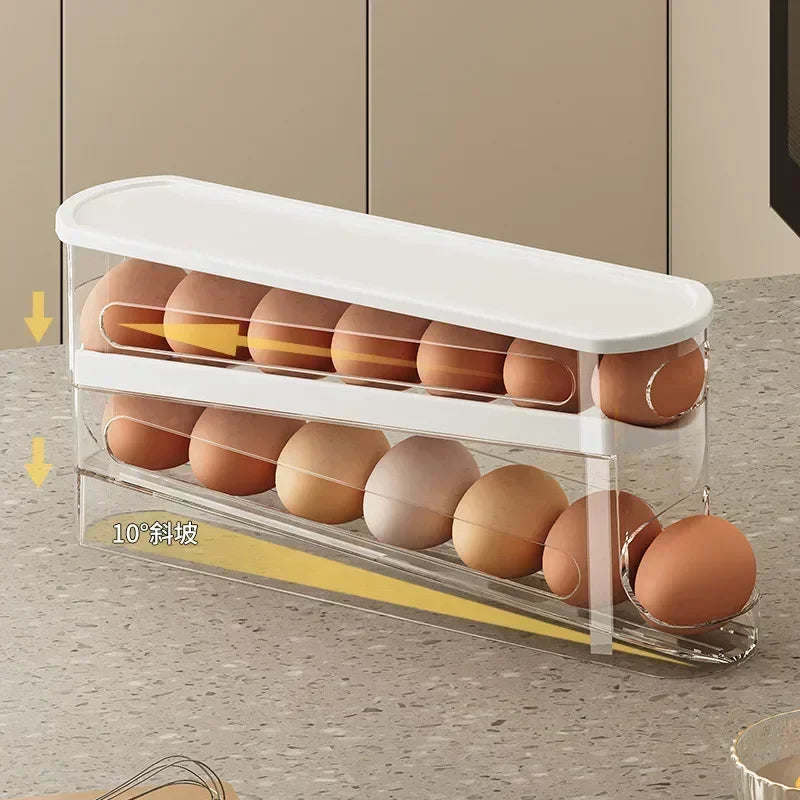 Double Layer Egg Storage Box with Automatic Rolling Dispenser Refrigerator Egg Organizer