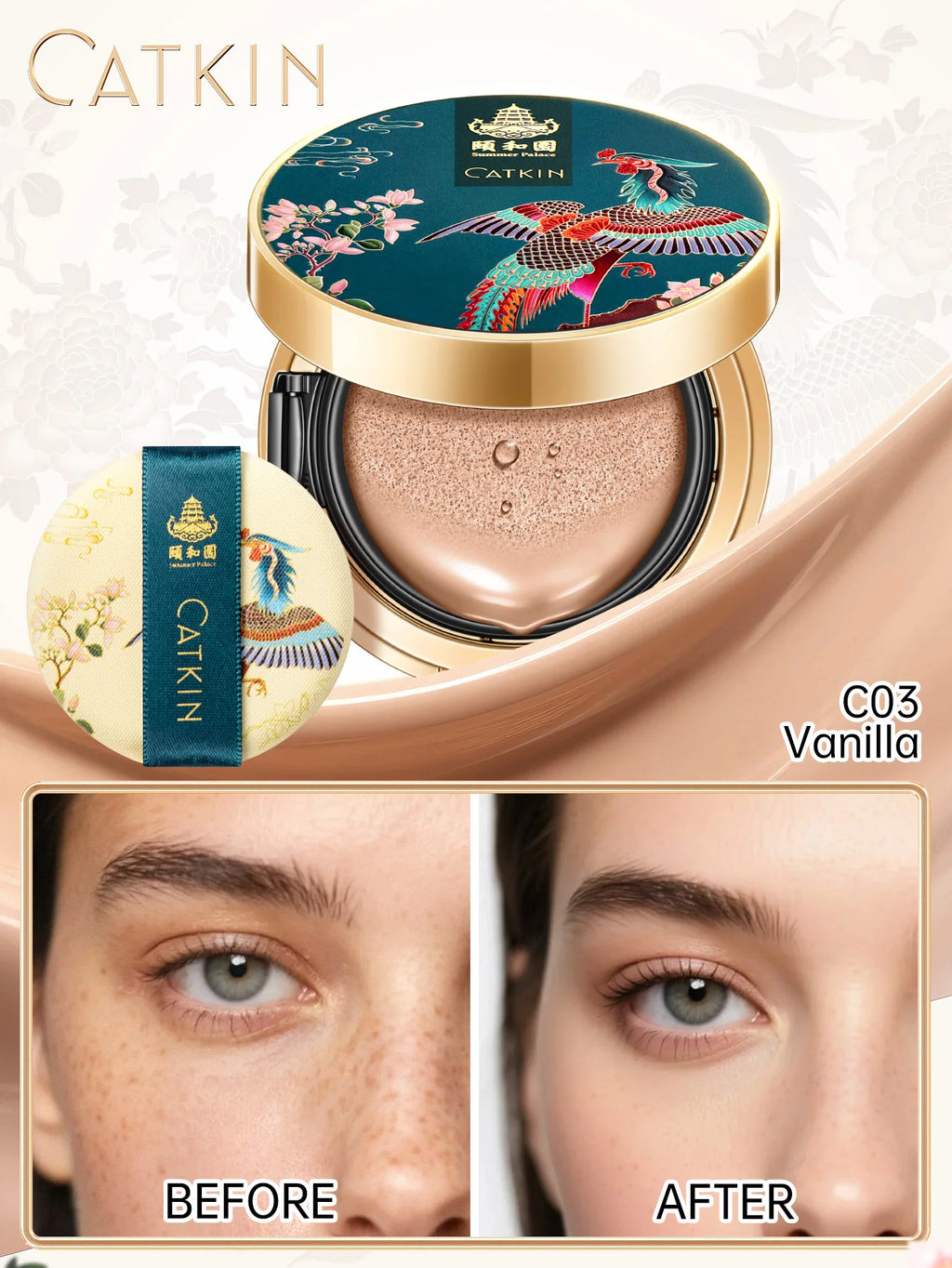 Catkin Full Coverage Cushion Foundation with Refill - Sheer Satin Finish, Light Beige