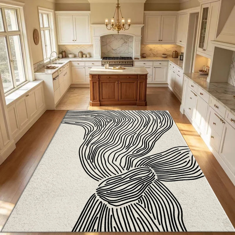 Minimalist Black Line Abstract Wave Area Rug - Boho Textured Non Slip Washable Floor Mat