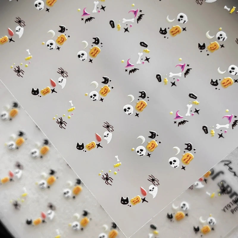 Halloween Nail Charms Stickers - Skull, Cat, Bat, Moon, Starburst, Coffin, Wizard Hat, Bones, Crescent Decor