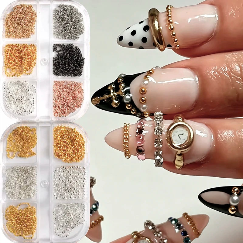 Metal Nail Chain Charms Set - Gold Silver Twisted Bead Links for Nail Art