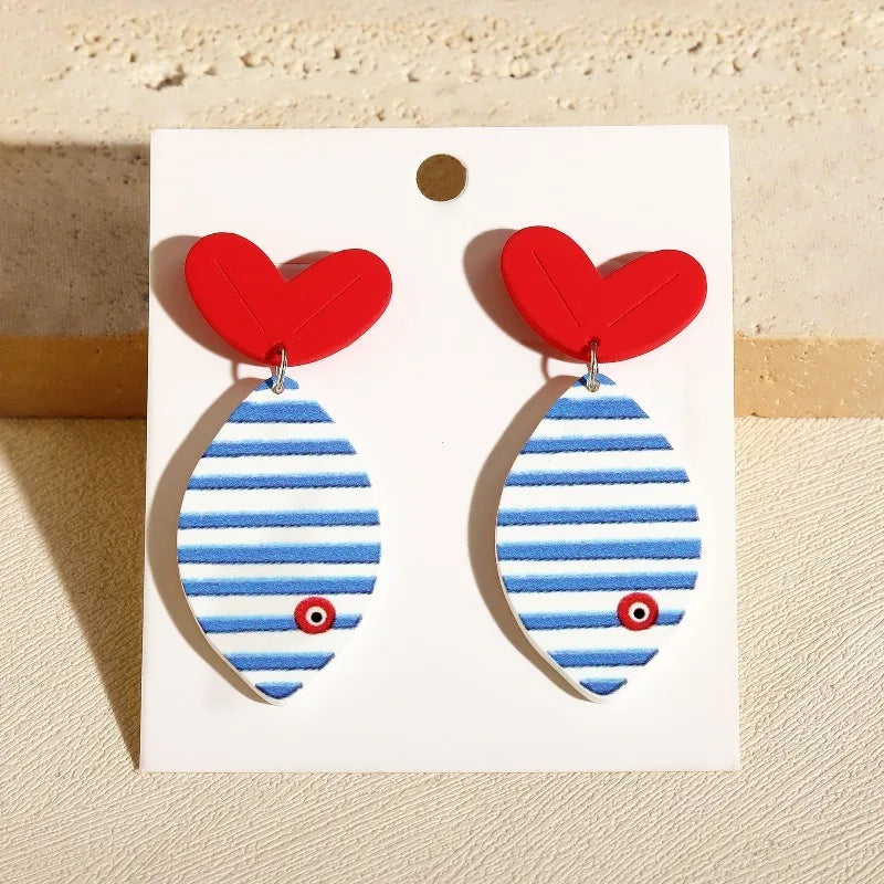 Summer Beach Nautical Fish & Heart Dangle Earrings for Women