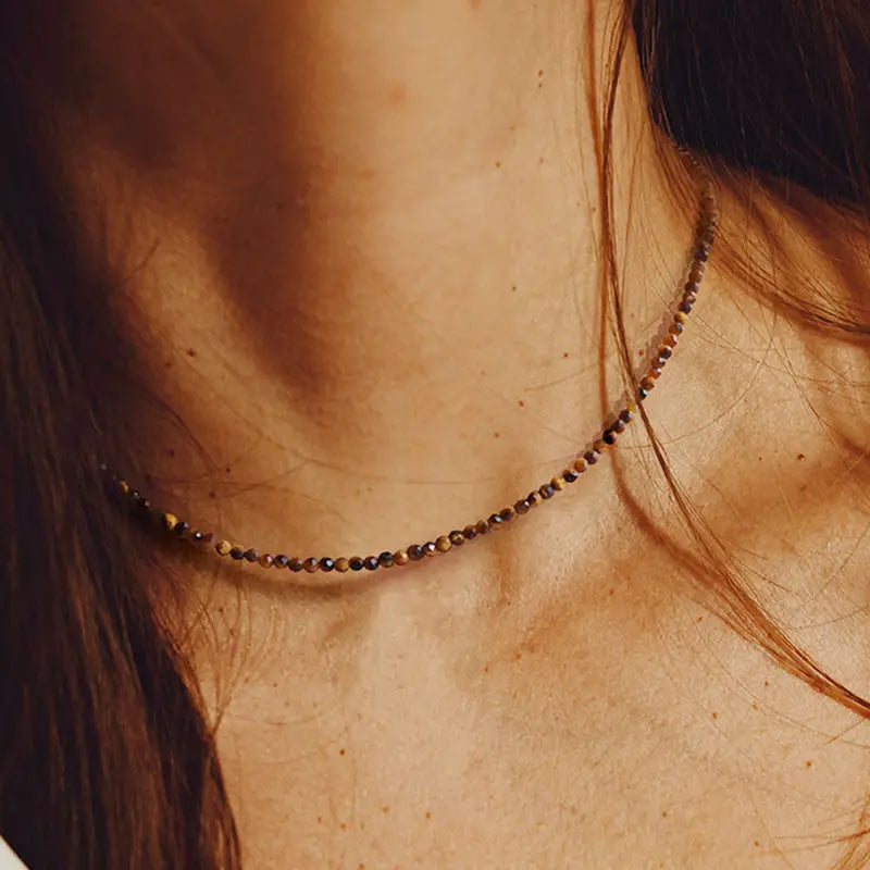 Natural Crystal Beads Necklace 2mm Tiger Eye & Black Spinel Jewelry for Women Men