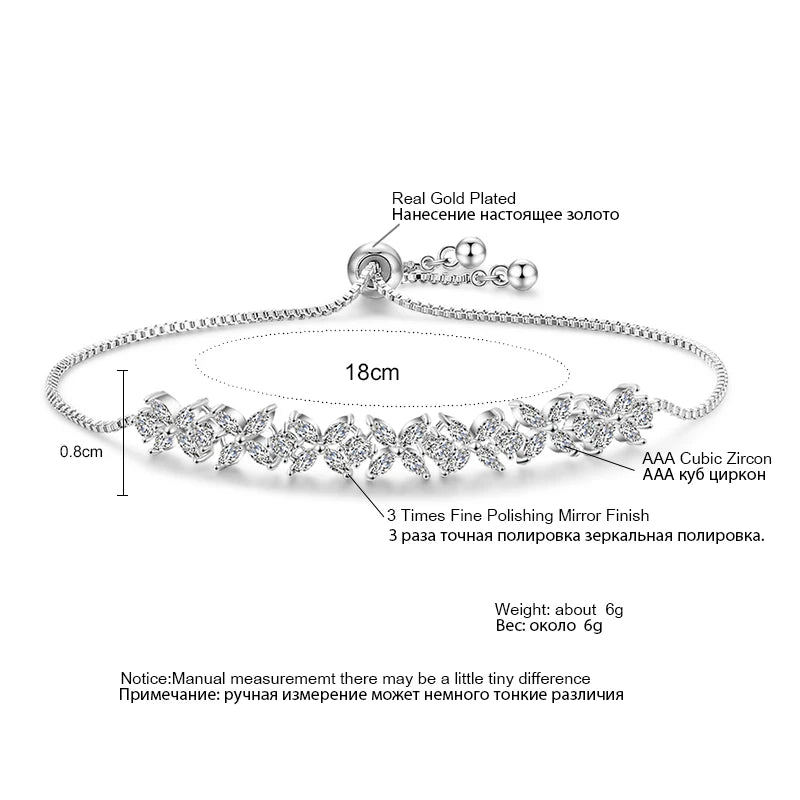Adjustable Zircon Flower Charm Bracelet for Women - Silver, Gold & Green Variants
