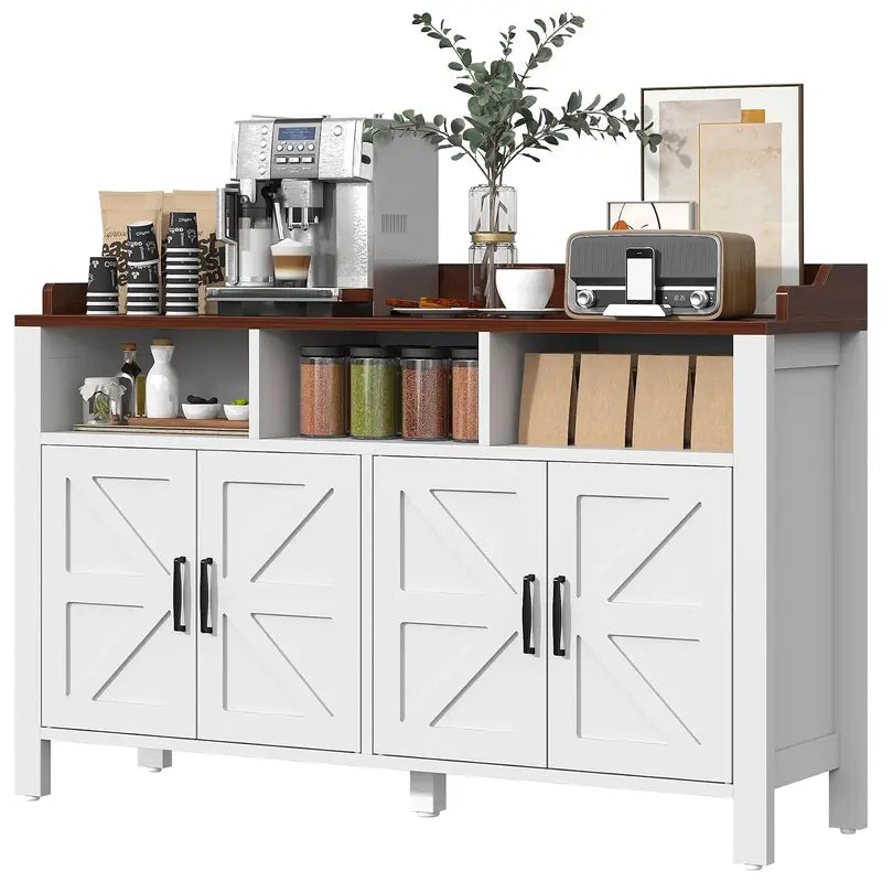 Farmhouse Style Buffet Cabinet with 4 Doors and 3 Open Shelves - Customizable Colors